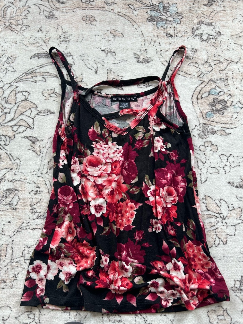 American Dream Black Floral Camisole with Wine and Pink Blooms
